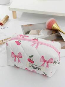 1 pieza/Set Bolsa de cosméticos acolchada con estampado lindo de cereza & lazo, almacenamiento para artículos de tocador, bolsa multiusos para maquillaje & artículos sanitarios para niñas, uso de viaje & diario - Multicolor - Ver 8