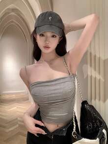 極簡性感辣妹加厚內墊女款短版直領抓皺內搭背心，休閒夏季款 - 灰色 - 查看 4