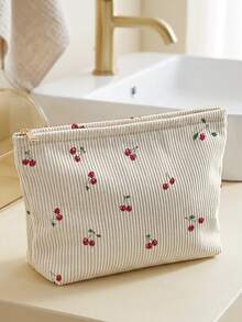 1pc Cherry Blossom Floral Unicorn Print Corduroy Zipper Makeup Bag Toiletry Bag, Large Capacity Lined Storage Bag, Suitable For Travel, School And Girls Daily Use - Multicolor - View 9