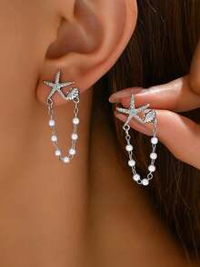 1 Pair Sparkling Star Shell Pearl Earrings. Random Design, Versatile For Gift And Everyday Wear. - 02 - 查看 1