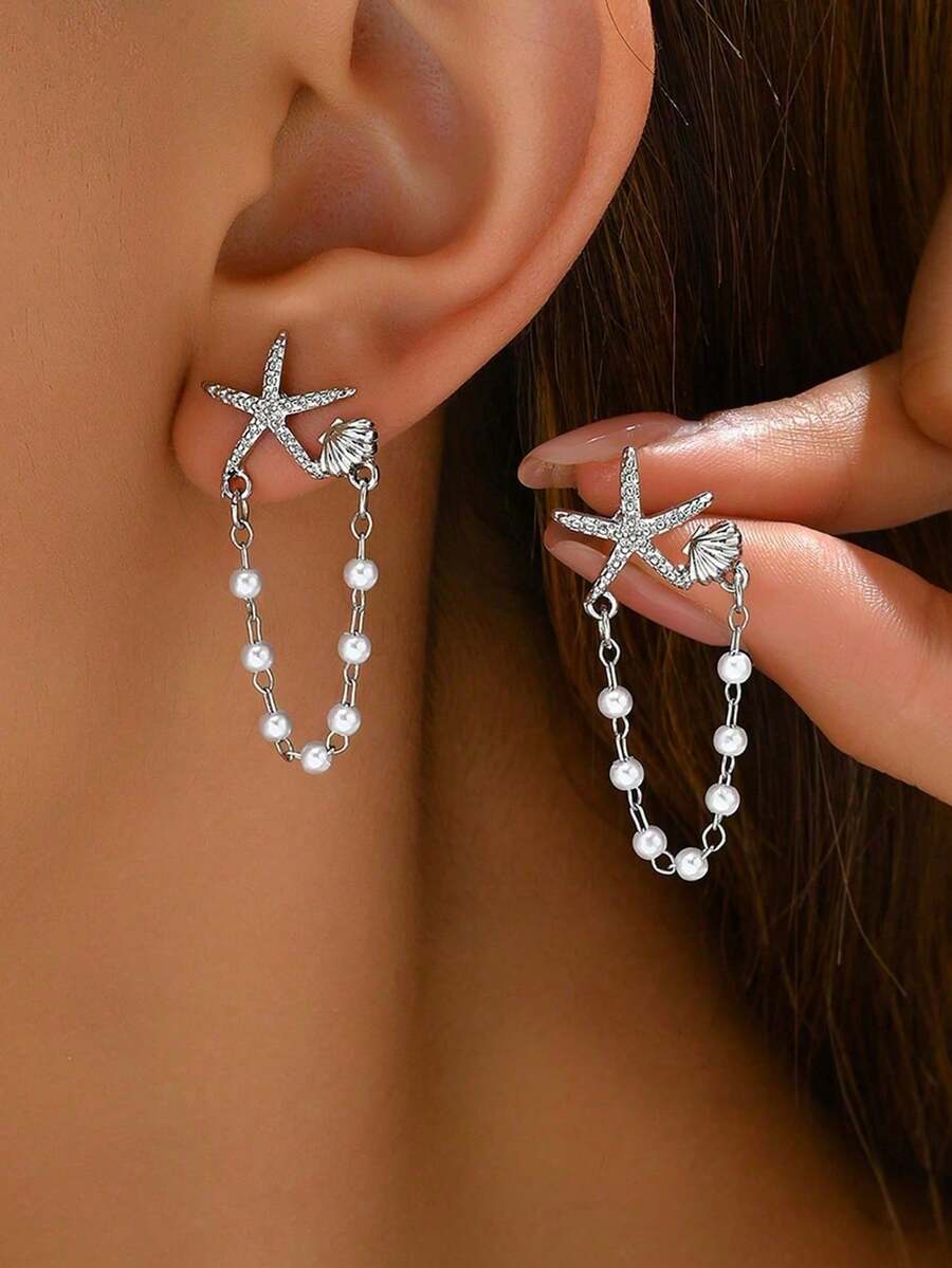 1 Pair Sparkling Star Shell Pearl Earrings. Random Design, Versatile For Gift And Everyday Wear. - 02 - 查看 1