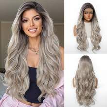 Ombre Grey Brown Wavy 13*4 Lace Front Wig, Pre-Plucked Natural Hairline With Baby Hair, Heat-Resistant Synthetic Fiber Glueless Natural Look Long Curly Wig 26 Inch - Brown Ombre - View 16