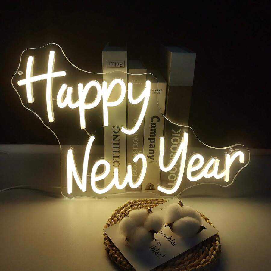 1件新年快樂霓虹燈牌,USB供電LED壁燈,亮白色草體字母霓虹藝術燈,適合跨年夜、派對、宿舍與節日聚會裝飾,理想禮物 - 多色光 - 查看 1