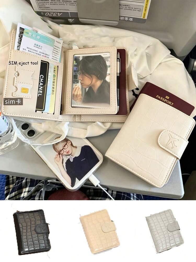 鱷魚紋護照夾錢包，多卡槽旅行文件收納夾，飛機扣 PU 皮護照套，錢包/卡夾 - 彩色 - 查看 1