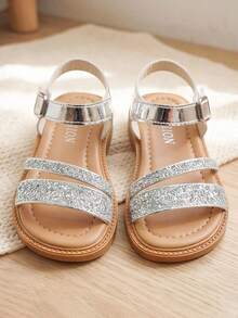 1 Paar Mädchen Silber Glitzer Doppeltriemen Prinzessin Sandalen, verstellbare Metallschnalle Knöchelriemen, rutschfeste flache Sohle, atmungsaktive offene Zehenpartie leichte Sommerschuhe, geeignet für Kleinkinder.Kinder Alltag.Party.Bühne.Reisen.Zuhause.Outdoor Kindersandalen - Silber - Übersicht 1