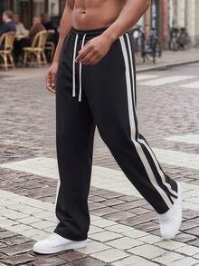 Plus Size Men's Side Contrast Stripe Sweatpants, Draped Straight Leg Wide Leg, Elastic Waist Drawstring Casual Sports Long Pants - Black - View 3