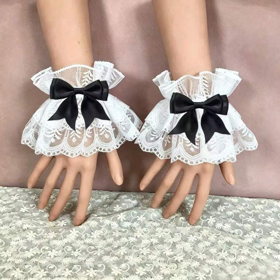 手袖腕飾甜美荷葉邊蕾絲多色蝴蝶結女僕 Cosplay 腕帶，適用婚禮派對 - 彩色 - 查看 1