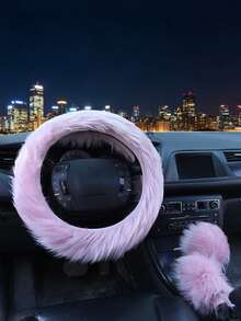 1set New Style Car Faux Wool Long Plush Steering Wheel Cover Handbrake Gear Shift Cover Decor 3pcs Set - Multicolor - View 10