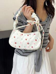 1 buah Tas Bahu Wanita Bahan Nilon Putih dengan Resleting Halus, Motif Cetak Stroberi, Tali Serut, Desain Modis, Serbaguna, Kasual, Musim Panas, Lintas Batas, Tas Bahu Niche Baru, Cocok untuk Penggunaan Sehari-hari Wanita - Putih - View 2