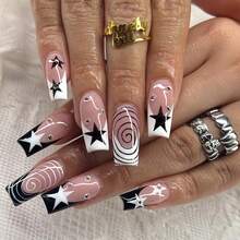 24-Piece Acrylic Manicure With Millennial Style, Rhinestones, Black And White Star Swirls, French Manicure, Removable And Reusable, Suitable For Everyday Wear, Dates, Parties, Music Festivals. A Perfect Summer Gift For Your Best Friend. False Nails. - Multicolor - View 8