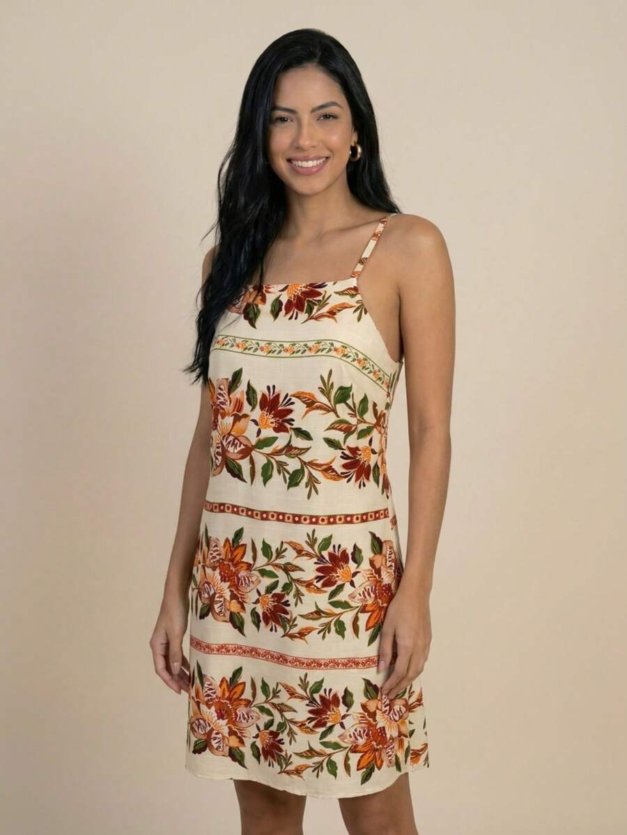 Short Dress With Zipper In The Back, Printed Summer Design. - Mocha Brown - View 1