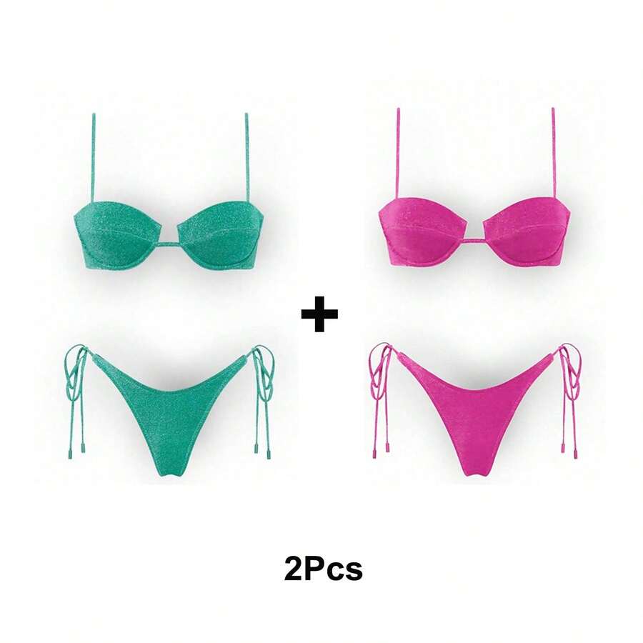 Women's Glossy String Bikini Set Soild Swimsuit Women's Fashion Bikini Green Halter Sport Swimsuit Beach Vacation Low Cut Shiny - 綠+紅 - 查看 1