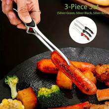 3 Pack Stainless Steel Barbecue Forks With Anti-Slip Handles In Silver-Black, Silver-Green And Silver-Red, Multicolor Grilling Fork Set For Outdoor BBQ Cooking - A - View 6