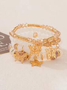 4 piezas/Set Pulsera de cuerda elástica con cuentas y colgante de mariposa de aleación estilo bohemio multicapa Temporada de regreso a la escuela - Multicolor - Ver 16