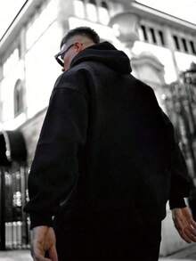 Sudadera con capucha de talla grande para hombre con gráfico de letras & figuras, bolsillo y cordón, para otoño. - Negro - Ver 2