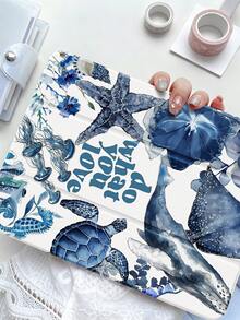 精緻可愛卡通海洋動物（鯨魚、鯊魚、海星、海龜、水母）、字母、花卉圖案雙面彩繪壓克力透明水晶背殼，防震，相容 iPad 第 7 代、第 8 代（10.2 吋）、第 10 代，內建筆槽，支援睡眠/喚醒功能，理想禮物選擇 - 彩色 - 查看 2