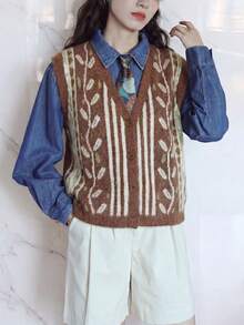 Cardigan Sweater Rajut Leher V Motif Vintage Kasual Wanita, Musim Gugur/Dingin - Coklat - View 5