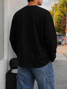 Men's Printed Crew Neck Long Sleeve Loose Fit T-Shirt - Black - View 2