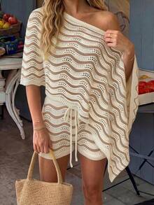 Women's Summer Fall Fashion Hollow Crochet Knit Asymmetrical Shoulder Top And Casual Shorts Two Pieces Set Vacation Beach - Multicolor - View 3