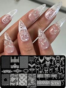 Lace Bow Nail Art Stamping Plate, Vintage Floral Mesh Ribbon Bow Lace Pattern Nail Art Template Stamping Plate, DIY Nail Printing Tool Mold, Suitable For Nail Salons And Home Nail Design Decoration - Silver - View 1