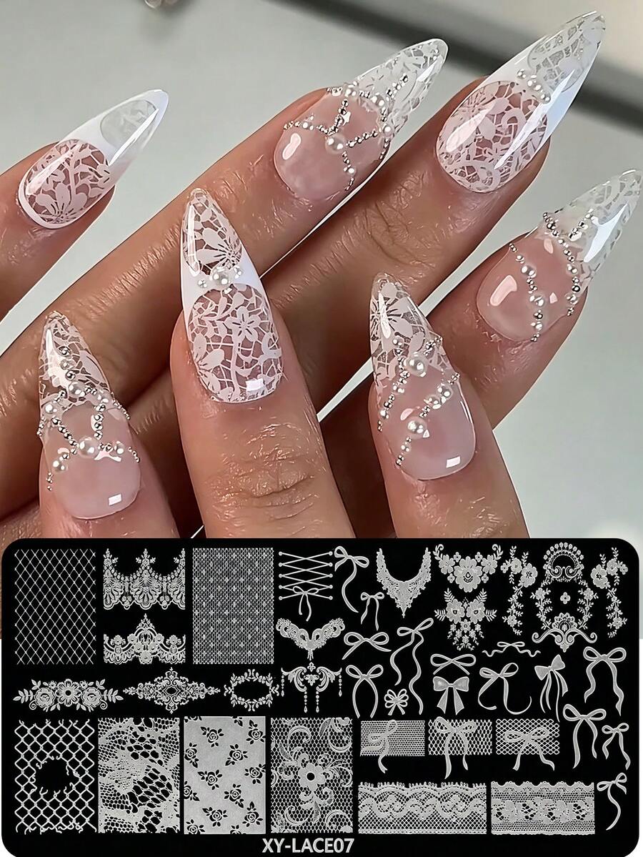 Lace Bow Nail Art Stamping Plate, Vintage Floral Mesh Ribbon Bow Lace Pattern Nail Art Template Stamping Plate, DIY Nail Printing Tool Mold, Suitable For Nail Salons And Home Nail Design Decoration - Silver - View 1