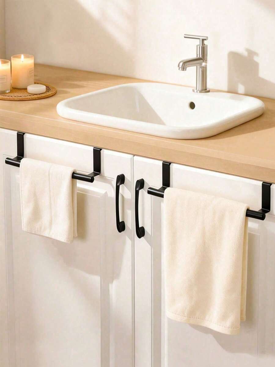 1pc Single Bar No-Drill Towel Rack, Cabinet Door Hanging Design, Bathroom Kitchen Space-Saving Hanging Towel Storage Rack, No-Installation Towel Rack, Bathroom Towel Storage, Space-Saving Storage, Home Hanging Hook Accessories
