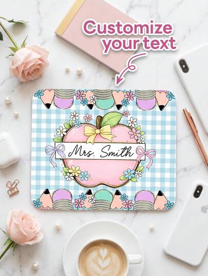 1pc Personalized Teacher Mouse Pad, Customized Name Non-Slip Rubber Base Desk Mat, Cute Pencil Bow Apple Pattern, Stain-Resistant, Unique Female Teacher Thank You Gift, Adorable School Theme Design, Suitable For Classroom, Workspace And Home Office