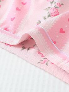 2pcs Set Comfortable Minimalist Pink Striped Floral Print Short Sleeve Pocket Collared Top And Bow Shorts Women's Pajama Set Loungewear - Pink - View 7