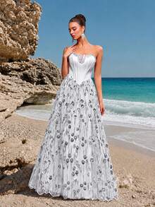 VIPGIRL Nuevo vestido de noche formal elegante con corsé sin tirantes, blanco, con pedrería pesada y cristales, vestido de novia para mujer, decorado con apliques de cuentas y para fiestas - Blanco - Ver 6