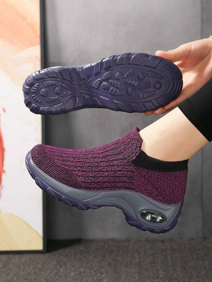 Women's Mixed Knit Slip-On Sneakers, Cushioned Shock-Absorbing Walking Shoes, Contrast Color Trim Athletic Shoes