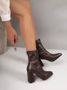 Women's Classic Fashion Leather Chunky High Heel Back Zipper Pointed Toe Ankle Boots, Simple Comfortable Slimming Fashion Boots, Suitable For Party, Vacation, Street - Brown - View 3