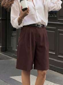 Women's Non-Stretch Woven Fabric Straight Leg Bermuda Shorts With Button Design Summer - Burgundy - View 2