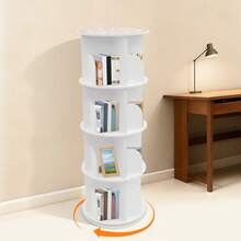 Bibliothèque rotative à 4 niveaux, blanche, étagère rotative pratique pour livres, jouets, salon et bureau à domicile, élégante et peu encombrante, facile à assembler, parfaite pour les chambres d'enfants et les petits espaces, comprend un coffre de rangement, qualité premium, disponible immédiatement - Blanc - Voir 6