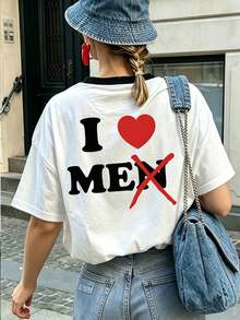 Camiseta de manga corta con cuello redondo, estampado de letras rosas, estilo minimalista y casual estadounidense, versátil y adecuada para mujeres.Nuevo lanzamiento de verano. - Blanco y Negro - Ver 1
