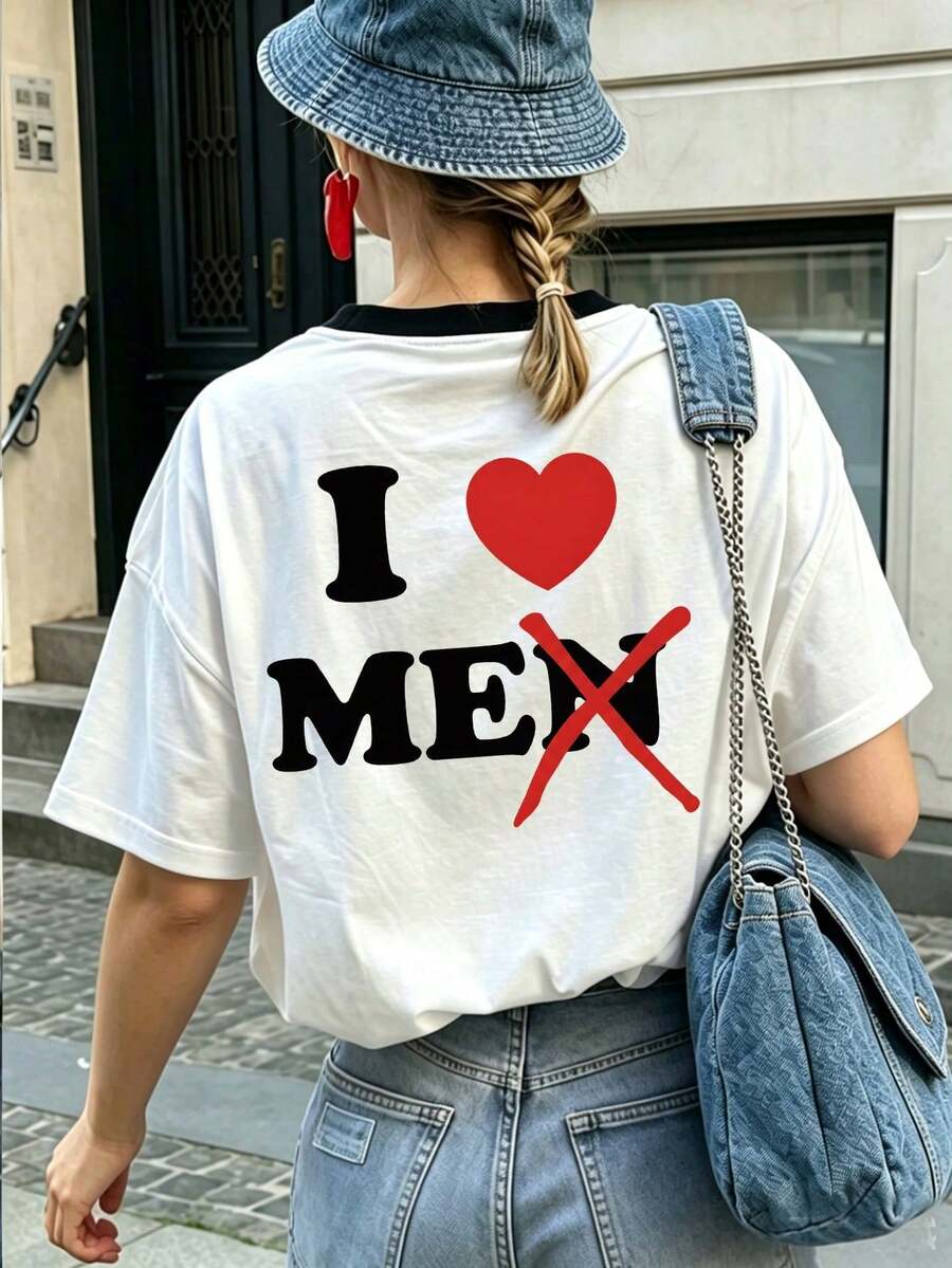 Camiseta de manga corta con cuello redondo, estampado de letras rosas, estilo minimalista y casual estadounidense, versátil y adecuada para mujeres.Nuevo lanzamiento de verano. - Blanco y Negro - Ver 1