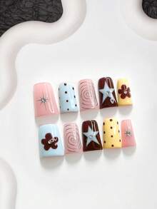 10pcs/Set Sweet Style Handmade Press-On Nails, Poly Gel Nail Art Set, Star Floral Polka Dot Rhinestone Design, Yellow & Blue Nail Color, Fresh Style, Includes Nail Tools, 3 Sizes Available, Almond/Duck/Coffin Shape, Suitable For Party, Dancing, Daily Wear - 彩色 - 查看 2