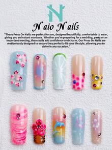 NAIO 10Pcs/Set Handmade Press On Nails, 3 Sizes: Coffin/Almond/Short Square, Y2K Summer Style, Colorful Fruit & Floral Nails With 3D Dolphin & Citrus Design, Rhinestone Accents, Perfect For Women & Girls, Daily Use & Parties, Great Gift For Ladies Nails - Multicolor - View 13