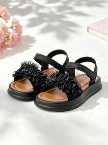 HAHABOBO 女童黑色網布荷葉邊厚底涼鞋，附後背帶，時尚夏季沙灘鞋 - 黑色 - 查看 5