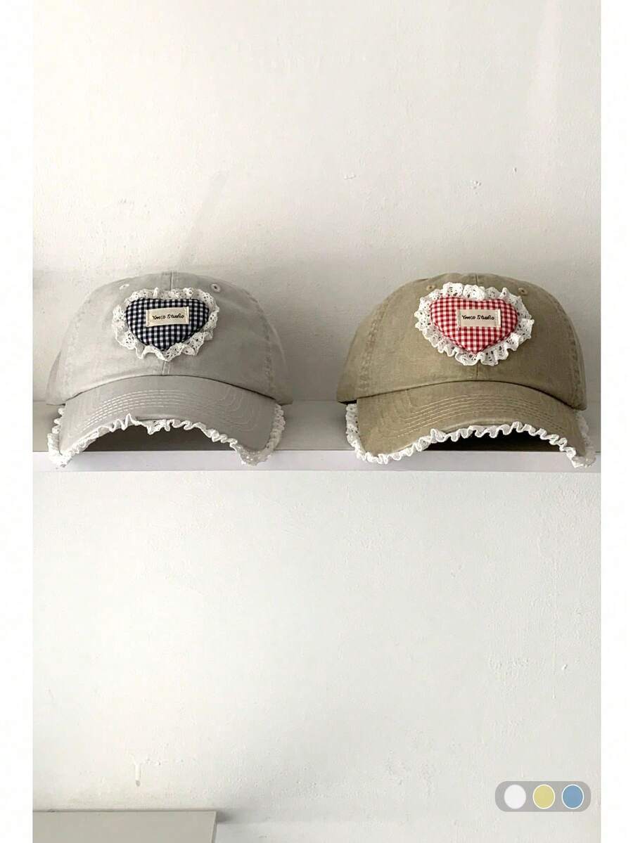 Women's Soft Top Lace Trim Heart Baseball Cap, Sweet Distressed Wide Brim Baseball Cap, Large Head Circumference Face-Slimming Niche Heavy-Duty Original Heart Plaid Embroidered Baseball Cap