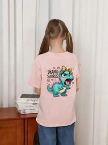 Kaos Pullover Lengan Pendek Leher Bulat Motif Kasual Lucu untuk Anak Perempuan Musim Panas - Berwarna merah muda - View 2