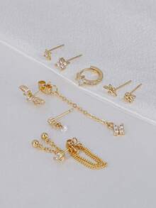 8Pcs Multi Pack Tiny Gold CZ Cartilage Stud Earrings, Dangle Chain Cubic Zirconia Tragus Helix Piercing Jewelry For Women Girls Multiple Ear Piercings - Yellow Gold - View 5