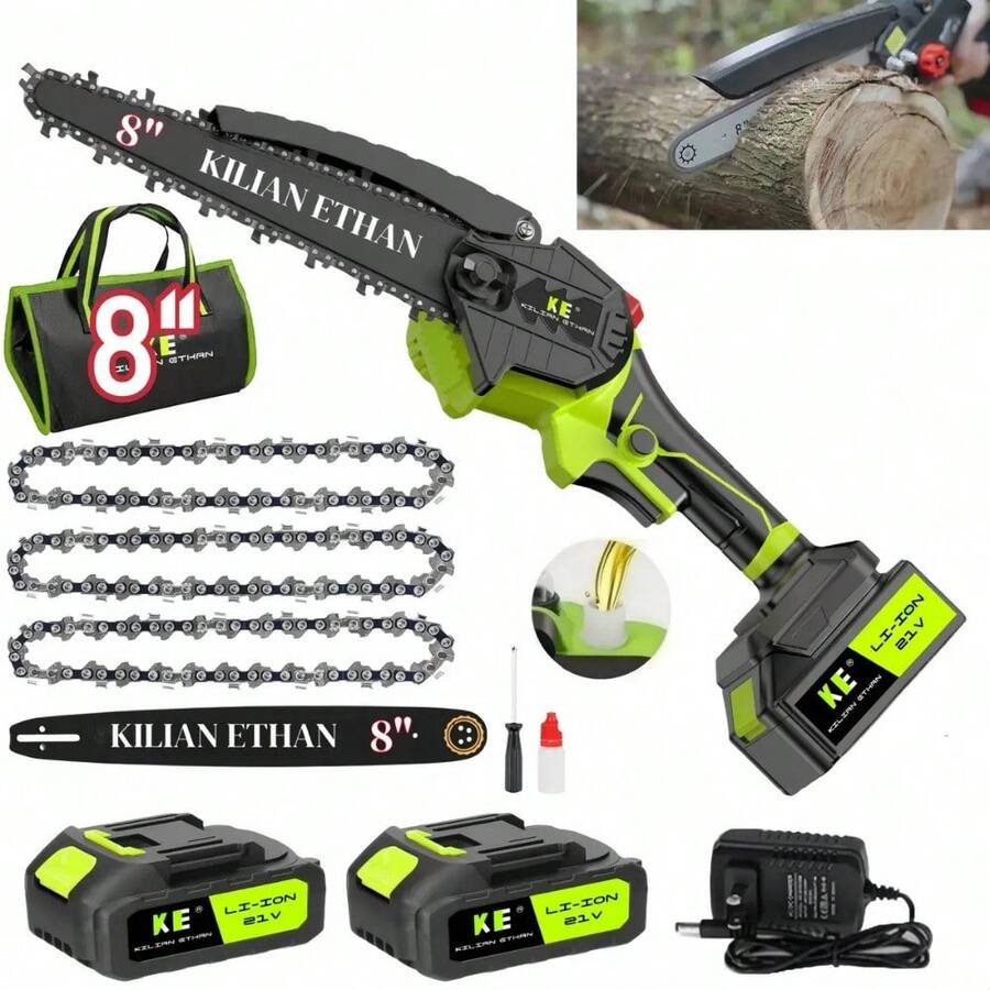 Kiln Ethan 8-Inch Cordless Mini Chainsaw With 2 Batteries And Complete Garden Pruning Kit - Green - View 1