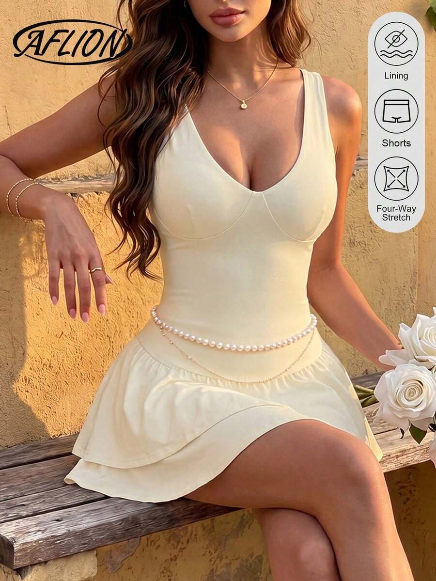 Vestido de tirantes casual de mujer, de tela de punto, con volantes en el bajo, adecuado para uso diario - Amarillo - Ver 1