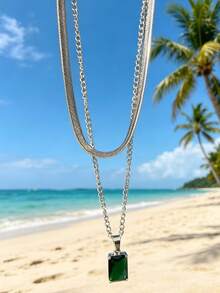 2 Stacked Geometric Square Green Zirconia Pendants, Double-Layer Collarbone Chain, Men's Necklace - Multicolor - View 7