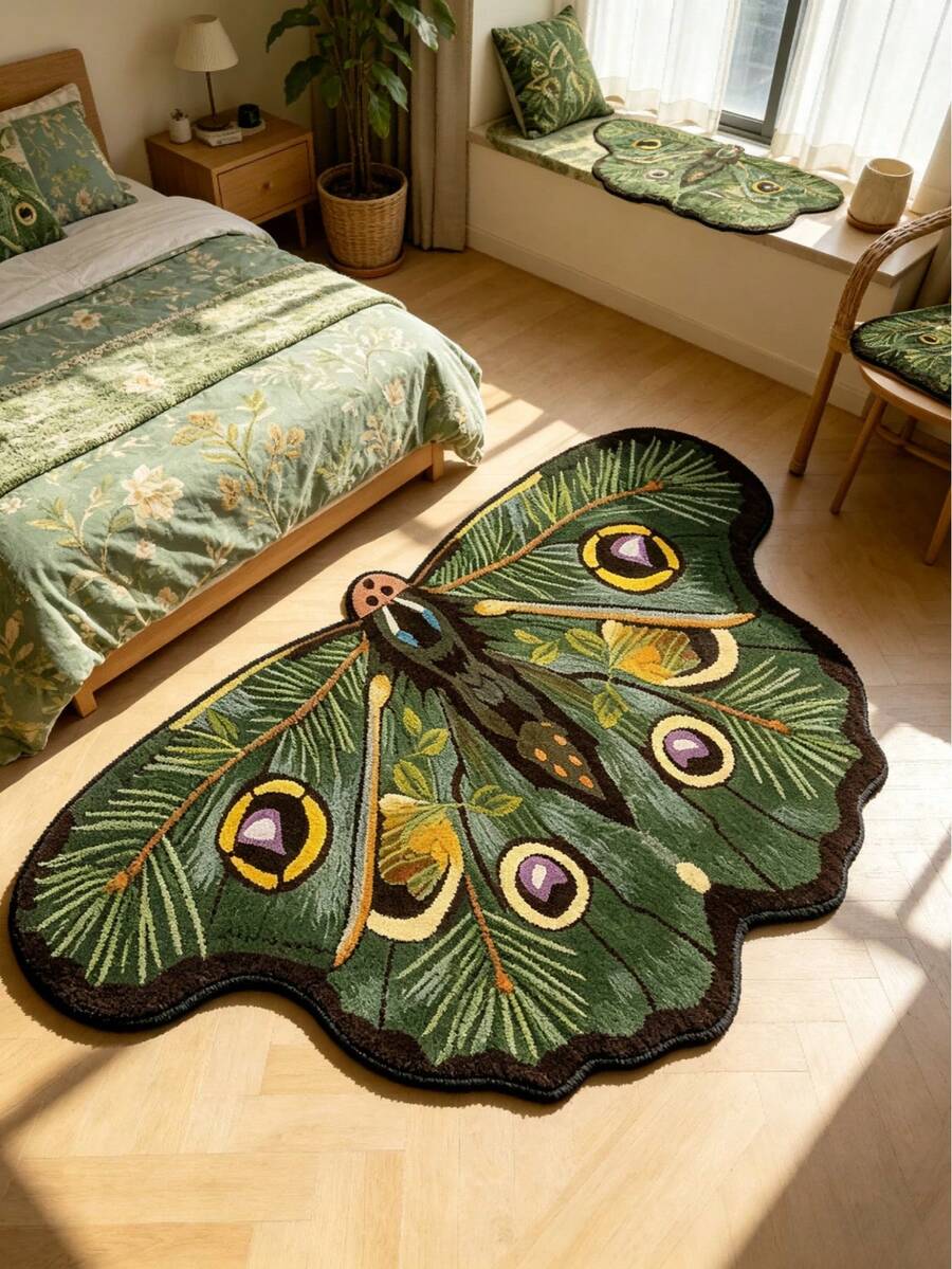 1pc Green Butterfly Rug, Thickened Carpet, Decorative Rug, Bedroom Decor, Small Rug, Carpet, Home Decor, Living Room Rug, Living Room Small Rug, Bedroom Carpet, Living Room Home Decor, Outdoor Rug, Washable Carpet, Graduation Season Gift - Green - View 1