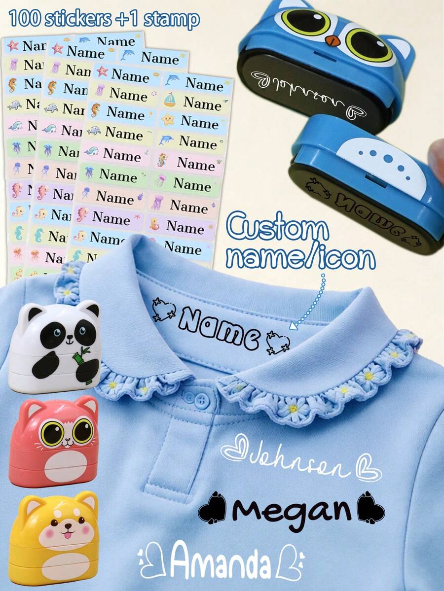Custom Stamps, Personalized Stamp, Style Icon Self Inking Stamp With Matching Labels For Clothes Bags, Customized Text Design, Customizable Gift. - Style a - View 1