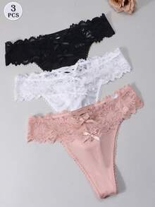 3件組女款性感蕾絲飾邊低腰丁字褲 - 彩色 - 查看 1