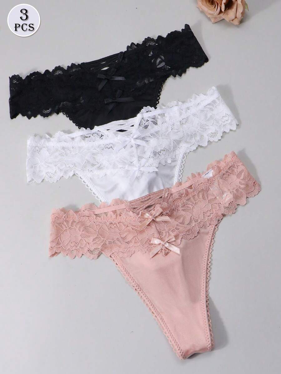 3件組女款性感蕾絲飾邊低腰丁字褲 - 彩色 - 查看 1