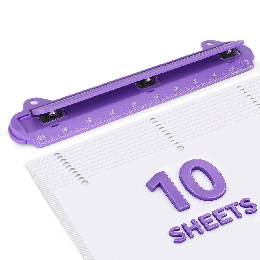 Eagle 3 Hole Punch, Portable Ring Binder 3 Hole Punch, Paper Puncher With Integrated Ruler, 10 Sheets Capacity, For Ring Binders, Office Supplies, Purple/Black/Pink/White - Three-hole Punch - View 1