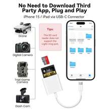 2合1 SD/TF 記憶卡讀卡器轉接頭，相容 iPhone 17 系列、 17 Pro Max/17 Pro/17/Air/16/15、S25/S24/S23/S22/S21/S20 Ultra Plus 系列，數位相機數據傳輸轉接頭 - 白色 - 查看 6